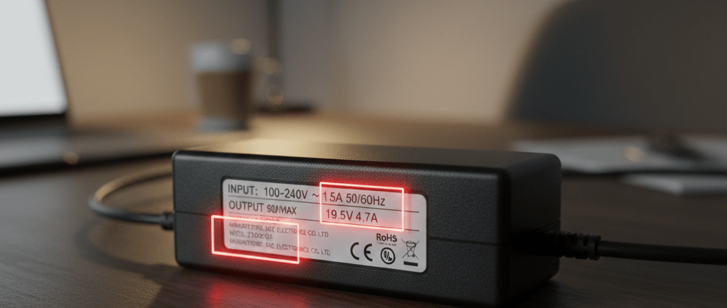 A 90W 19.5V laptop AC adapter power supply brick resting on a wooden desk.
