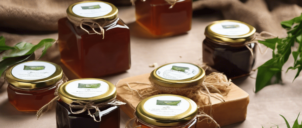 a bunch of nilgiris jars of honeys,gold color with natural beauty raw honey cofee dark forest honey