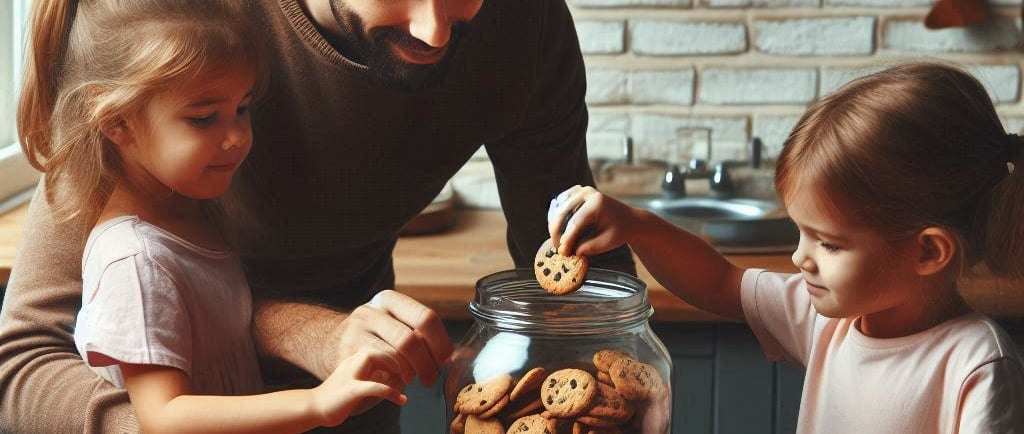 A cookie jar with children taking out a cookie.