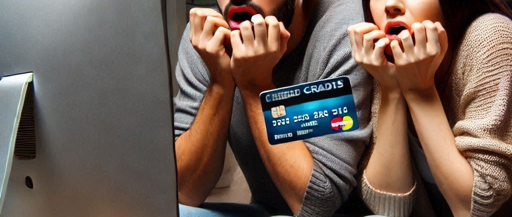 a man and woman  on computer with credit cards