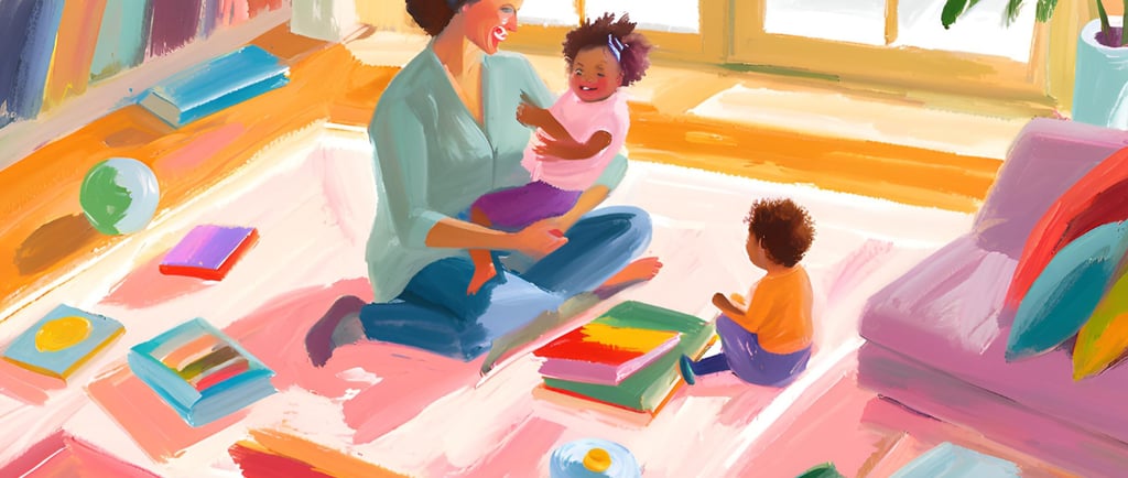 a woman sitting on a rug with a baby in her lap