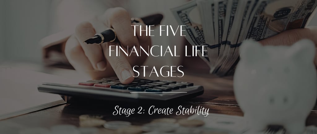 A person using a calculator and fountain pen near cash and a piggy bank to create financial stability.
