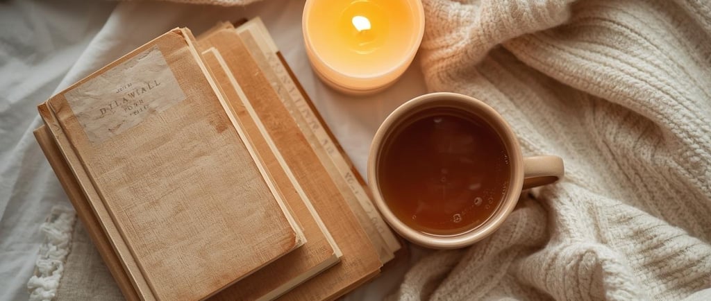 a cup of tea and a book on a bed