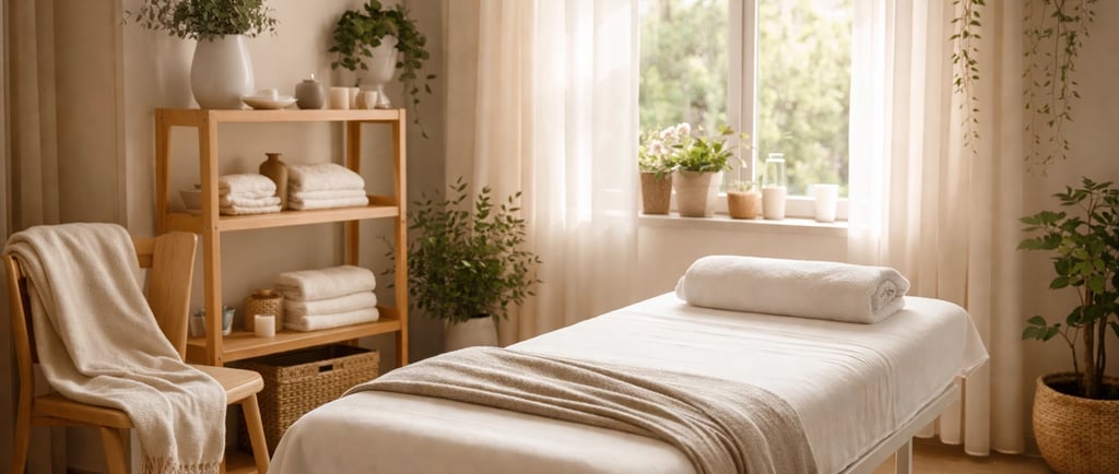 A soothing physiotherapy treatment room with soft natural light and calming earthy tones.