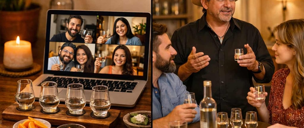 ollage que muestra a la izquierda una cata online en una laptop con personas sonrientes en videollam