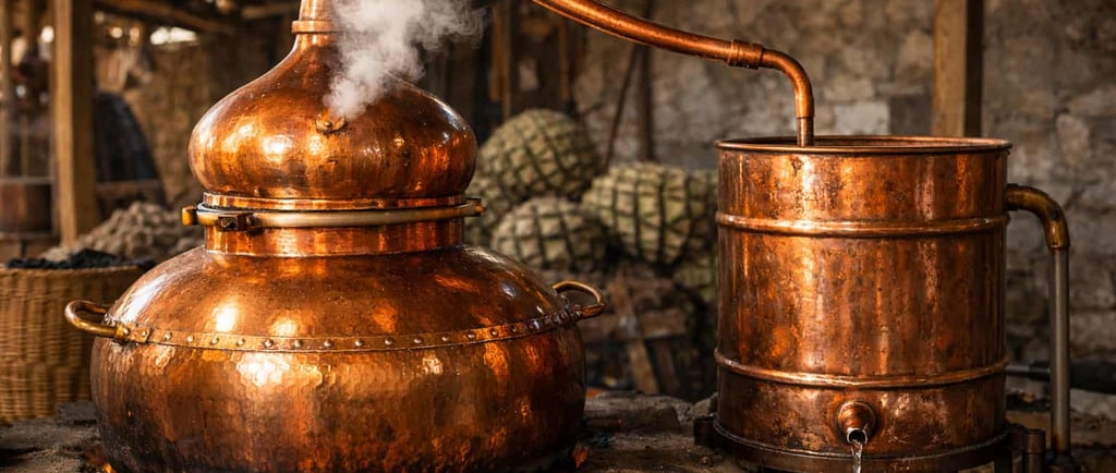  Alambique de cobre brillante en funcionamiento, con vapor saliendo suavemente durante la destilació