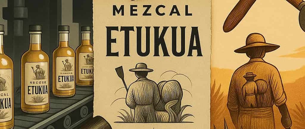 Escena histórica de métodos rudimentarios de falsificación de mezcal en mercado tradicional