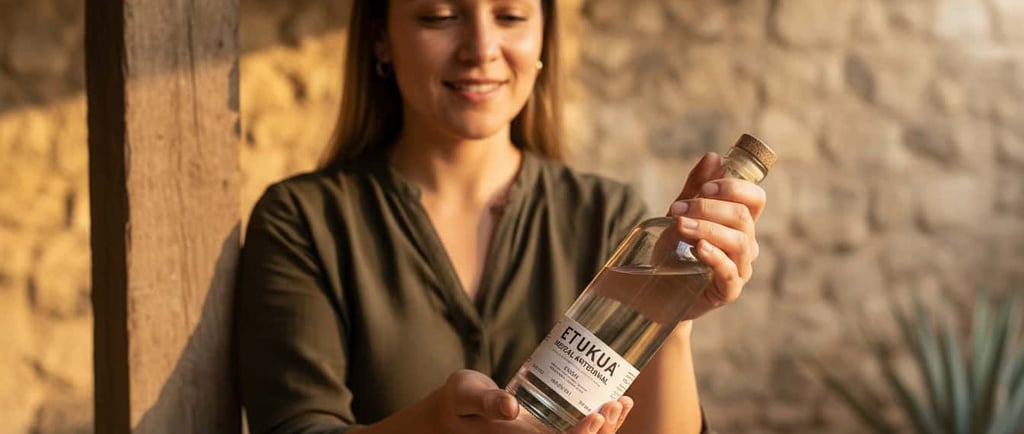 : Persona sosteniendo con cuidado una botella de mezcal artesanal 