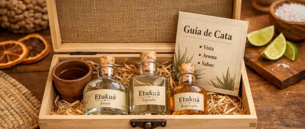 Caja de madera elegante abierta, mostrando tres frascos pequeños de vidrio con diferentes mezcales a