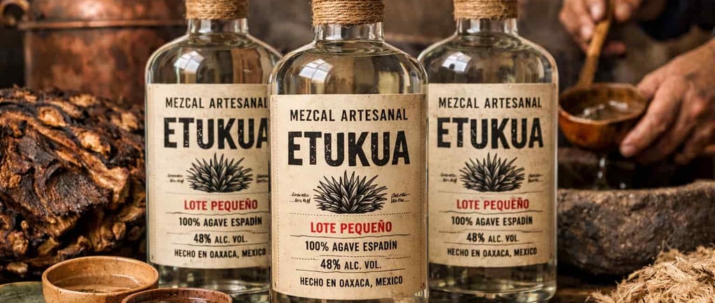 Botellas de mezcal artesanal en lote pequeño, mostrando etiquetas detalladas y proceso manual.