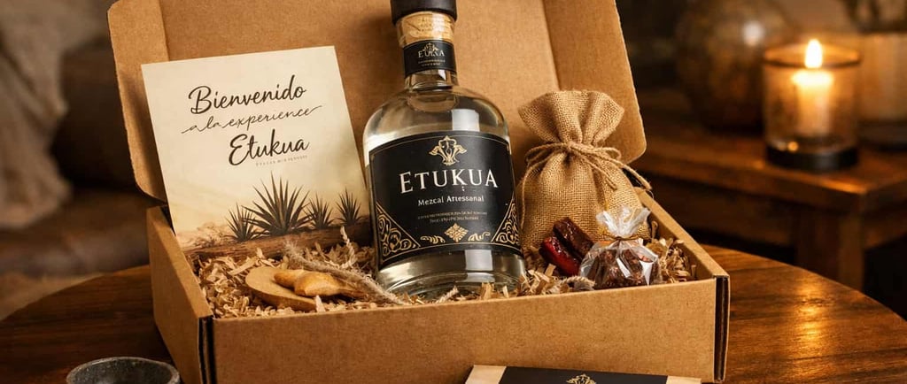 Caja de suscripción Etukua abierta en una mesa elegante, mostrando una botella de mezcal artesanal, 