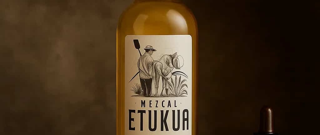  Botella de mezcal Etukua acompañada de un juego de copas de barro y un accesorio de gotero, sobre 