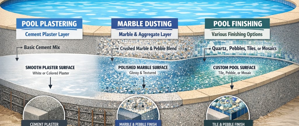 Diagram of pool finishes showing pool plastering, marble dusting, and custom tile and pebble finishing options.