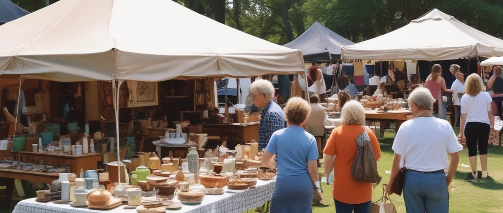 Antique shoppers at an open air market.