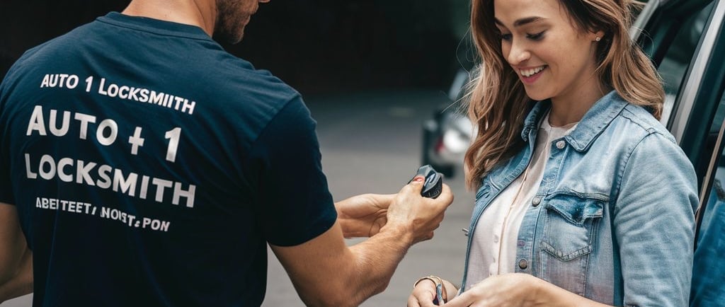 locksmith profession giving a remote key to lady in emergency locked her car  