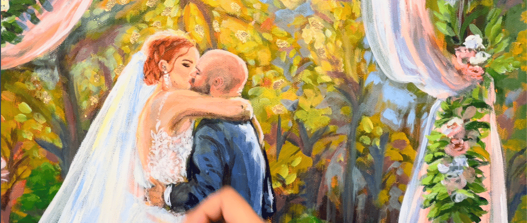 Live wedding painting of couple having their first kiss 
