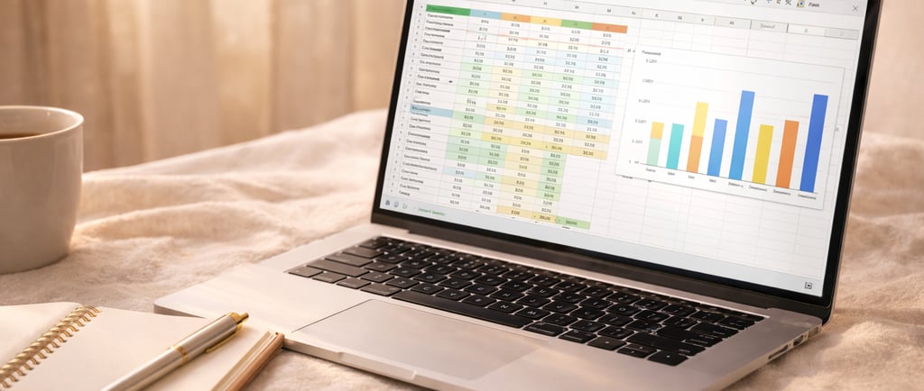 clean workspace with laptop showing spreadsheet, notebook and pen in warm natural light