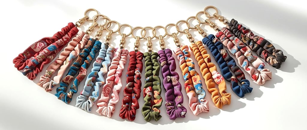 Long colorful scrunchie key fobs arranged in a wide half-circle with gold keyring hardware.