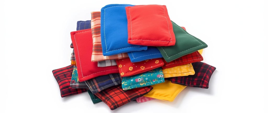 “Stack of handmade fleece and flannel hand warmers in colorful solids, prints, and plaids.
