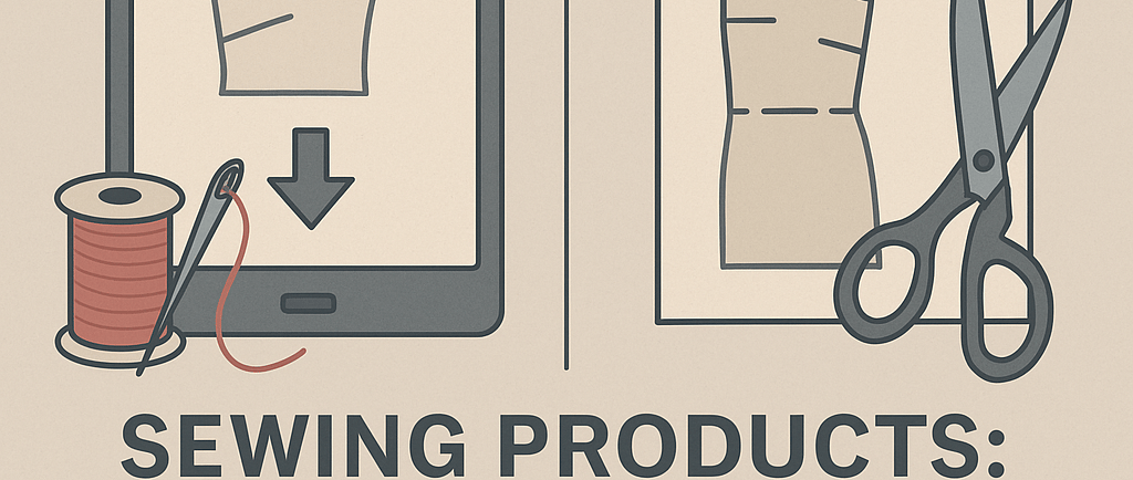 Flat-style digital illustration comparing digital and physical sewing products, with icons of a tabl
