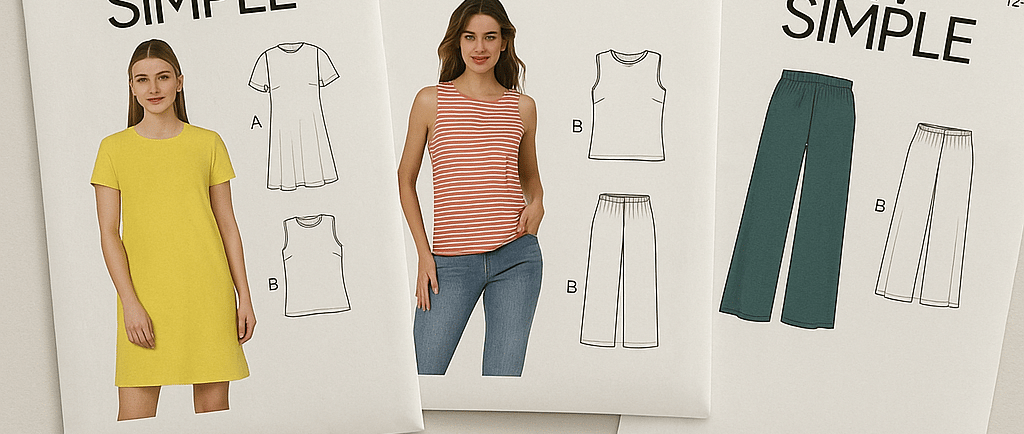 Three McCall's It's Sew Simple sewing patterns with clean, minimal designs displayed on a neutral ba