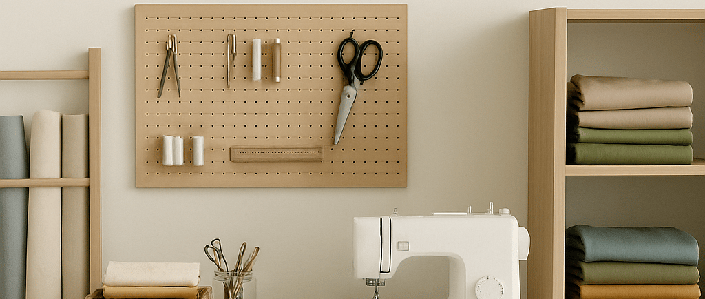 A clean, minimalist sewing room with a sewing machine, pegboard holding tools, and folded fabric nea