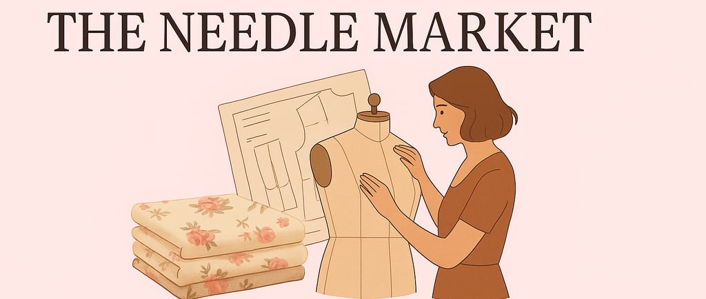 A welcoming digital graphic with soft pink tones featuring the text “Welcome to The Needle Market.” 