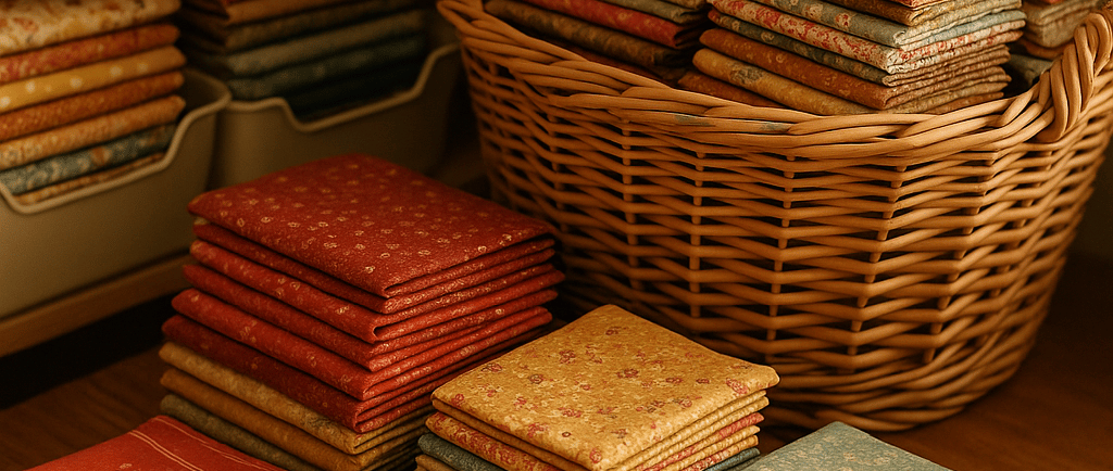 A cozy fabric stash featuring neatly folded quilting cottons in warm tones of red, gold, green, and 