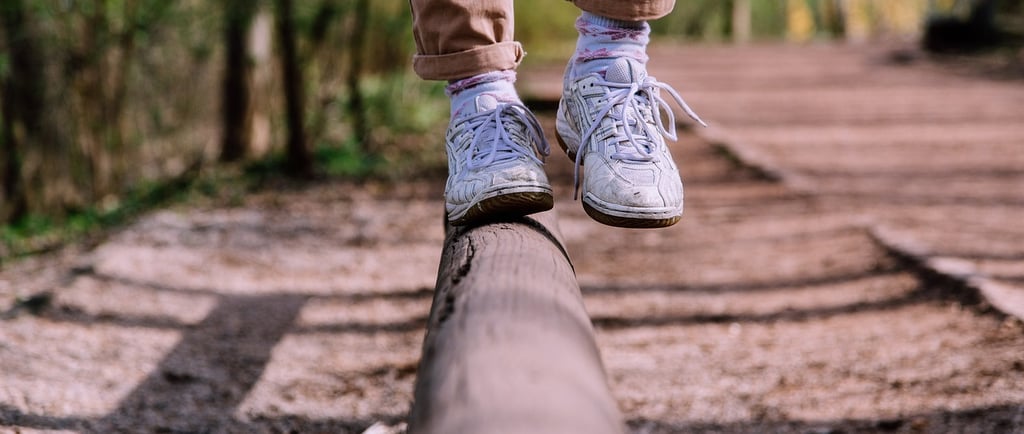 a person standing on a log in the woods