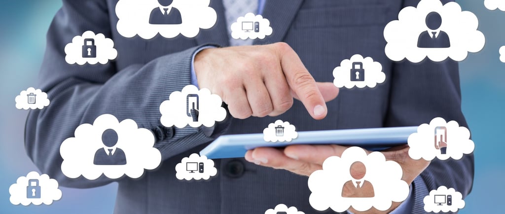 Merepresentasikan data karyawan, keamanan, dan fitur HR digital, menggambarkan konsep platform HR berbasis SaaS.