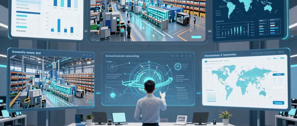A sleek, modern workspace with dual monitors displaying supply chain analytics dashboards in deep navy and teal tones.