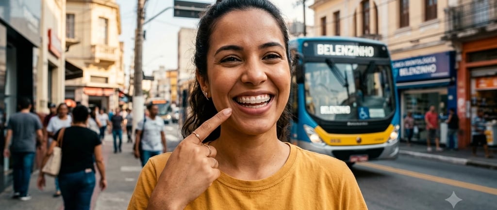Mulher sorridente exibindo seus alinhadores transparentes enquanto está em uma rua movimentada