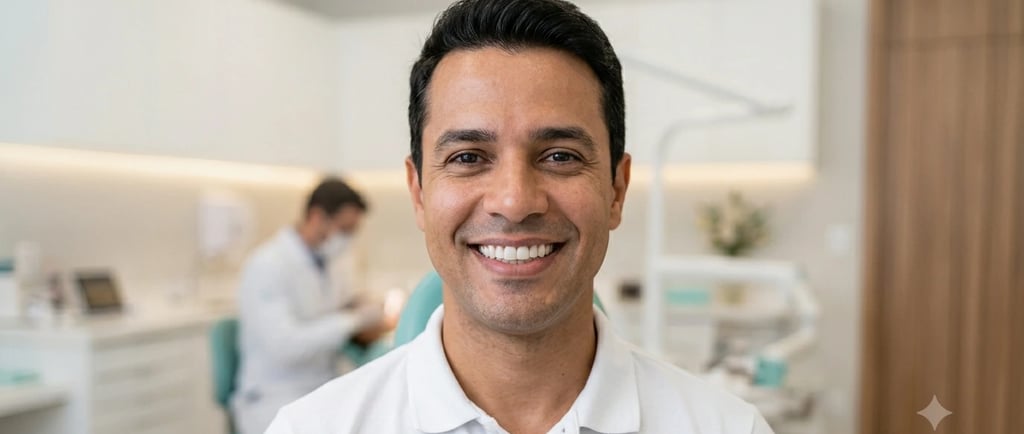 Um homem sorridente com dentes brancos em um consultório odontológico para tratamento profissional de odontologia estética.