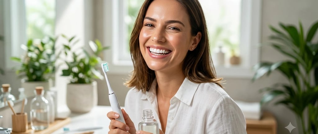 A smiling woman holds a white electric toothbrush and mouthwash in a bright bathroom.
