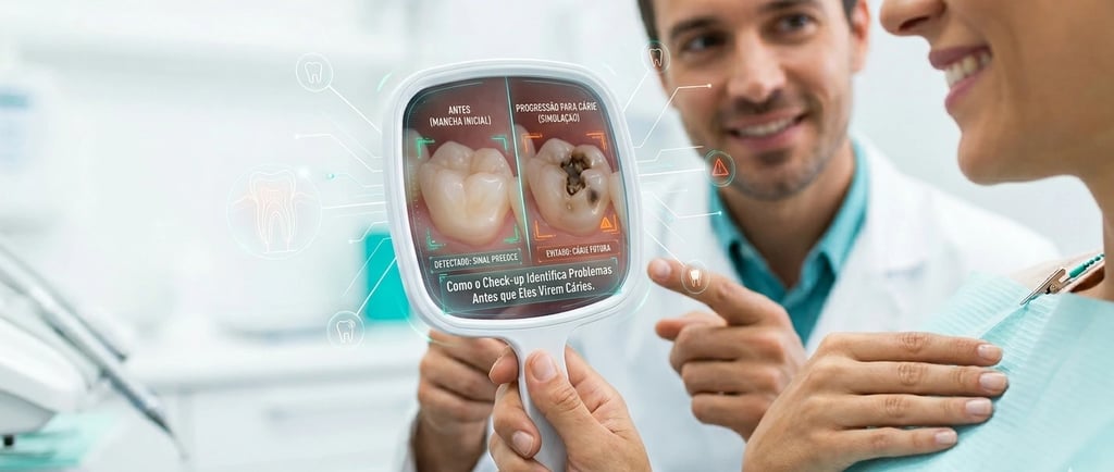Um dentista mostrando a uma paciente uma digitalização de cárie dentária em uma tela portátil durante um exame odontológico.