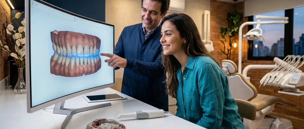 Um dentista masculino mostrando a uma paciente feminino uma digitalização 3D dos dentes em um monitor de computador.