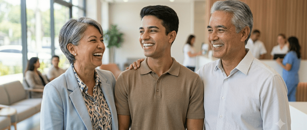 Uma família feliz sorrindo na sala de espera de uma clínica odontológica moderna após uma consulta bem-sucedida.