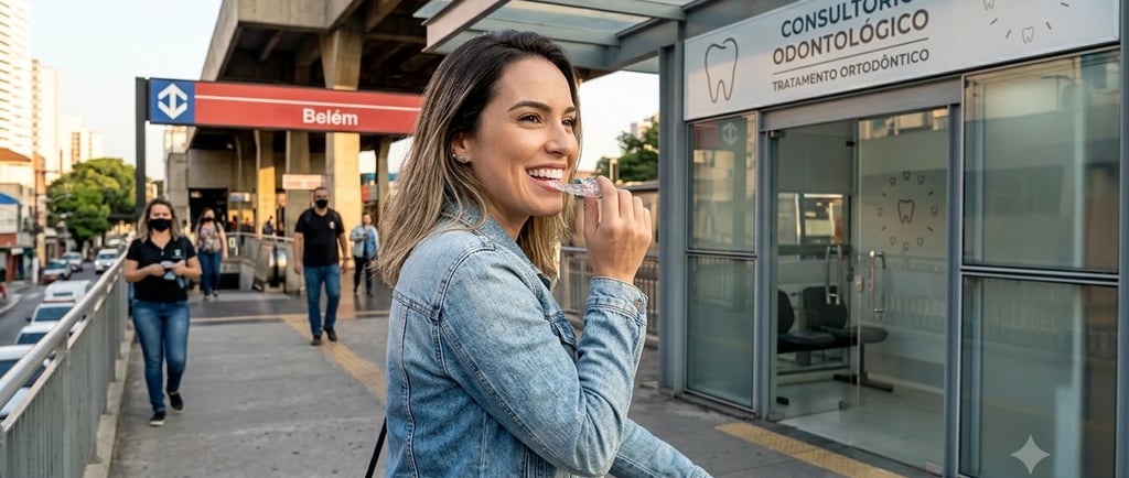 mulher sorridente coloca alinhadores transparentes enquanto passa em frente a uma clínica odontológica proximo ao metro belem