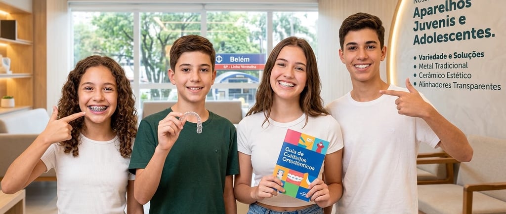 Quatro jovens sorrindo no dentista mostram variedade de aparelhos fixos e alinhadores invisíveis perto do metrô Belém.