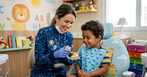 Um simpático dentista pediátrico ensinando um menino a escovar os dentes usando um modelo dentário., primeira consulta