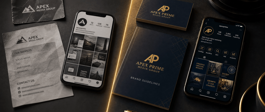 Before and after brand identity comparison showing outdated versus  premium Apex Prime Media Group 