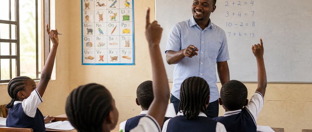 Teacher and students in an Accra classroom, illustrating digital marketing for schools in Ghana