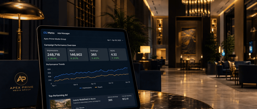 Meta Ads Manager dashboard showing hotel campaign results in a luxury hotel lobby in Accra Ghana