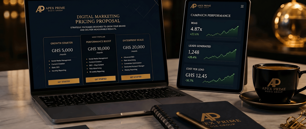 Laptop showing digital marketing pricing proposal with Ghana cedi packages beside a campaign perfor