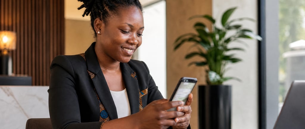 Professional Ghanaian business owner using WhatsApp Business in a premium office setting