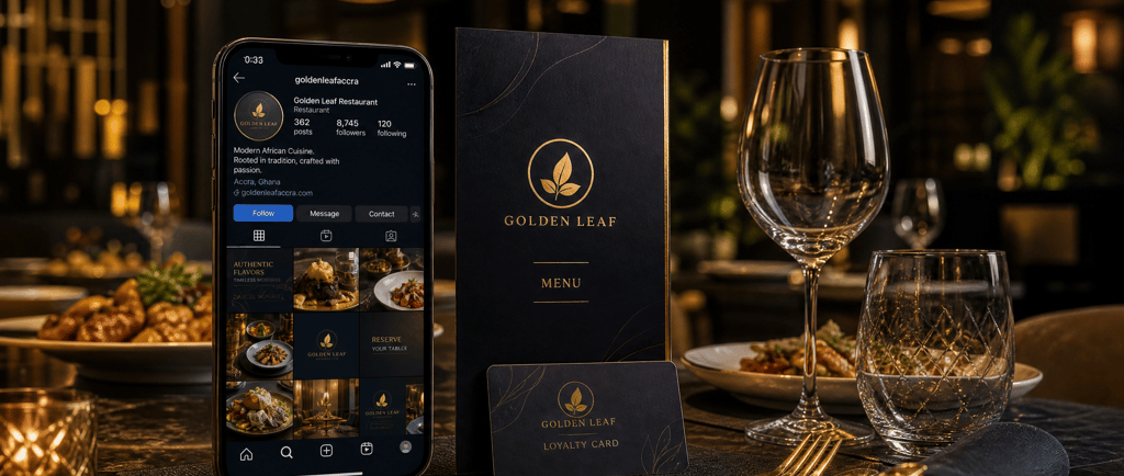 Branded restaurant Instagram feed beside a premium menu card and loyalty card in Accra Ghana