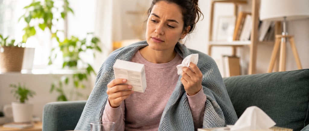 Pessoa com sintomas de gripe segurando uma caixa de remédio e lenço de papel, ilustrando a dúvida so