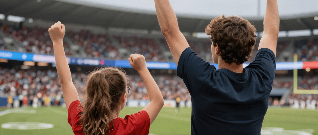 A vibrant photo of a proud sports mom cheering in the stands, clutching a Fiercenest insulated tumbler and wearing a cozy team scarf.