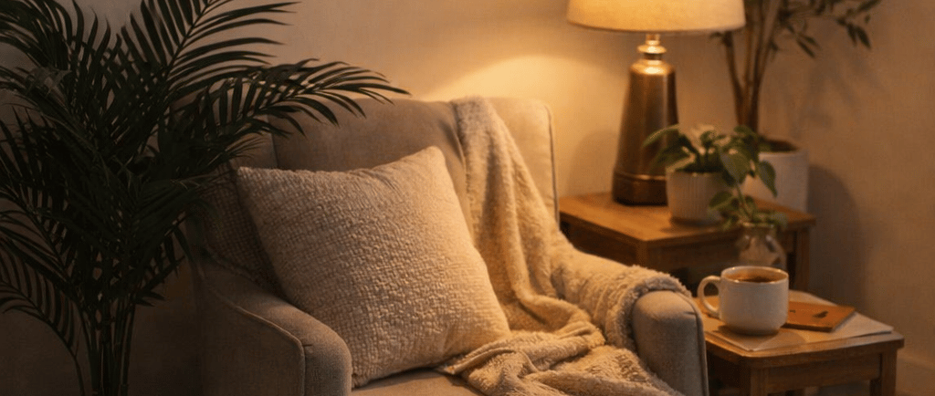 Cozy reading nook with a beige armchair, soft blanket, warm lamp light, and indoor plants.