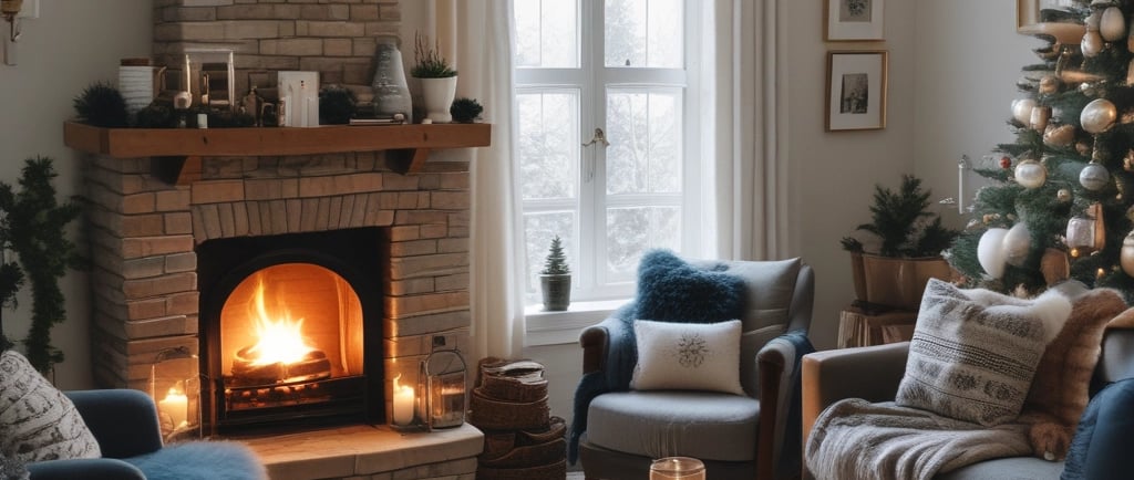 Cozy living room with a brick fireplace, glowing fire, and decorated Christmas tree.